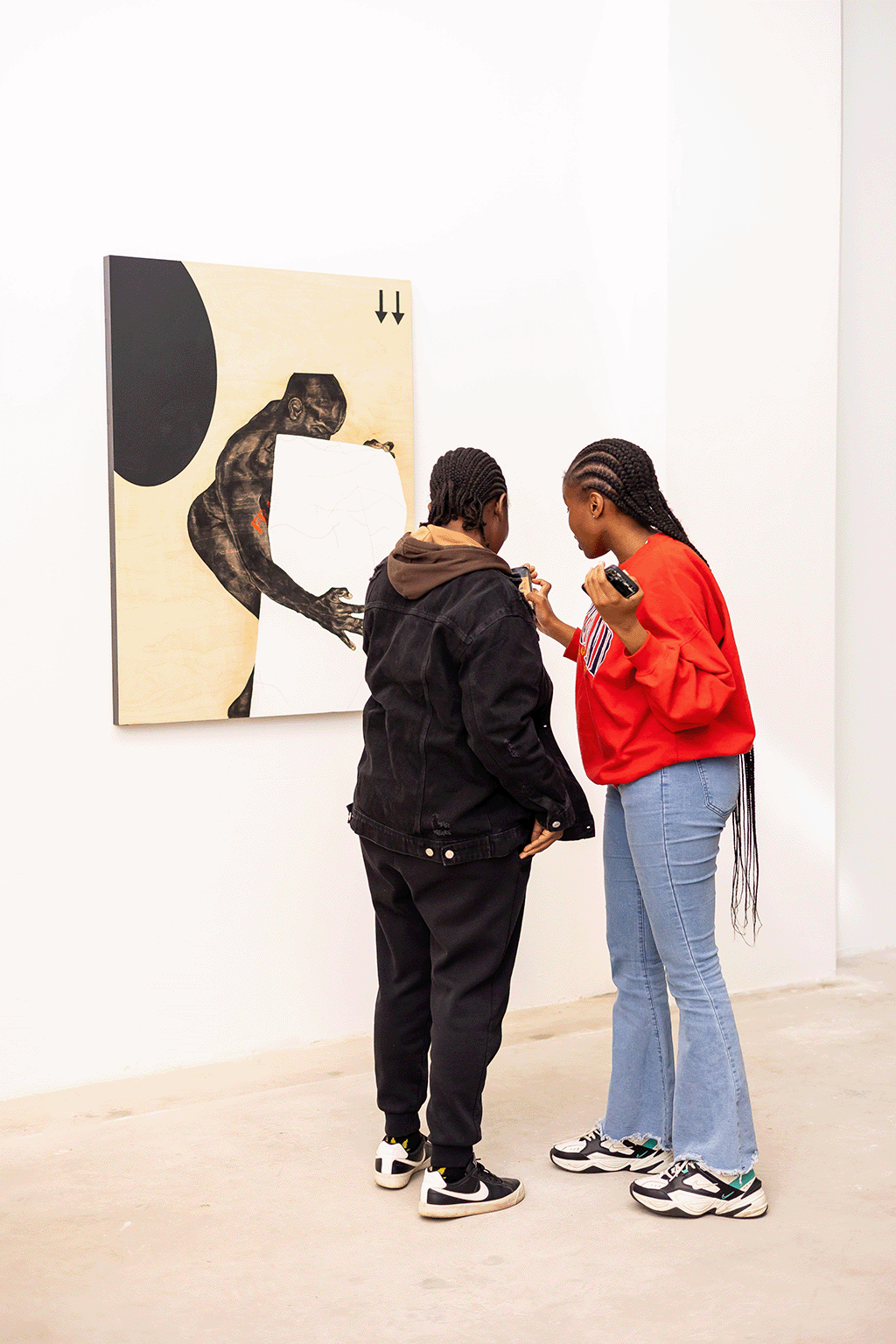 Installation view of Identity is Fragile II at the Afropolis group exhibition. Charcoal and paint on wood. 120 x 90 x 4.5cm. (Serge Alain Nitegeka) (© Copyright 2022, STEVENSON. All rights reserved)