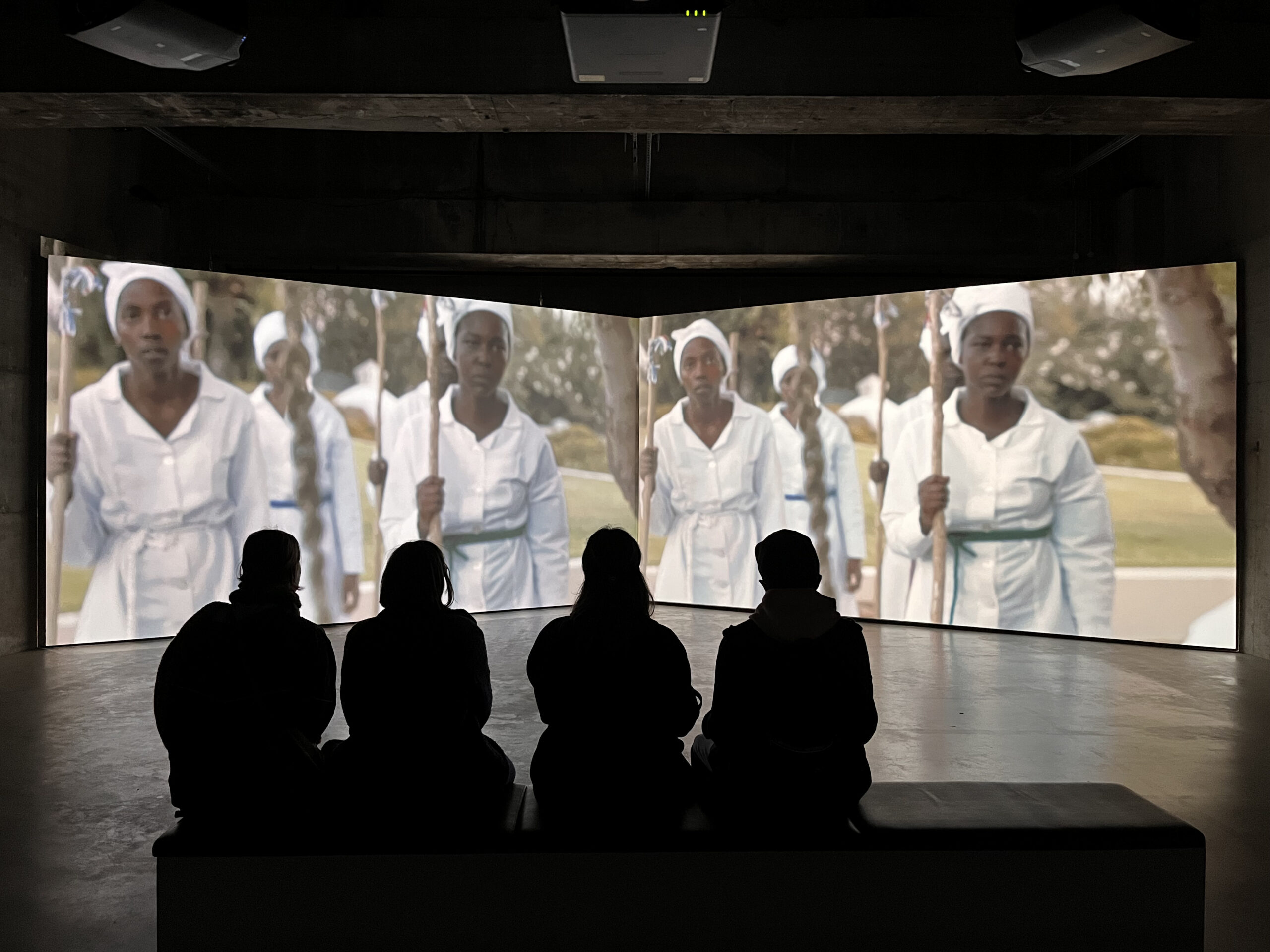 An installation shot of the new media installation Amahubo by Buhlebezwe as a part of A Clearing in The Forest at The Tanks below Tate Modern (Courtesy of FNB Art Joburg)