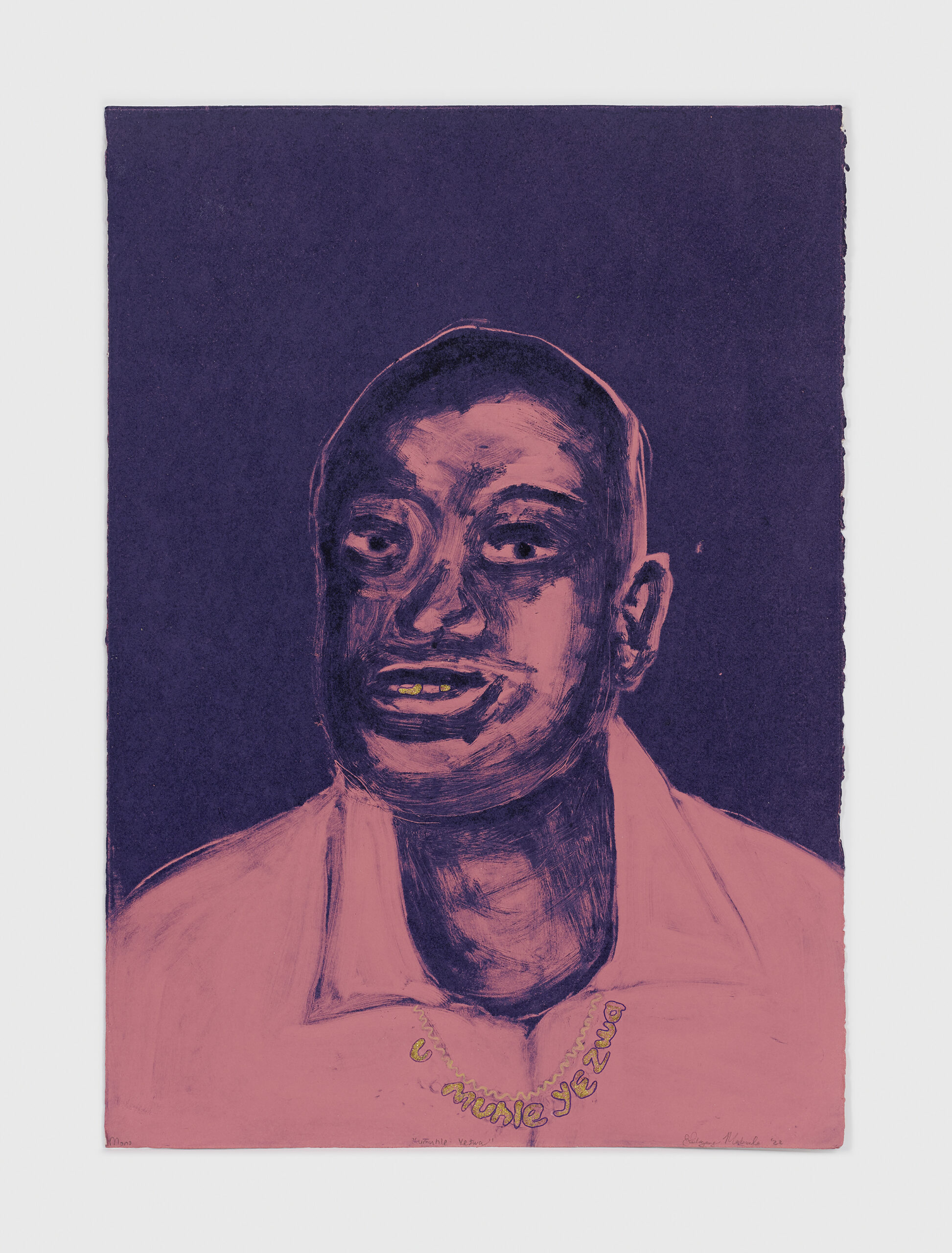 Lebogang Mabusela. U muhle yezwa, 2022. Oil-based monotype, acrylic and glitter on paper. 49.5 x 35.5cm unframed. (Courtesy of Stevenson)