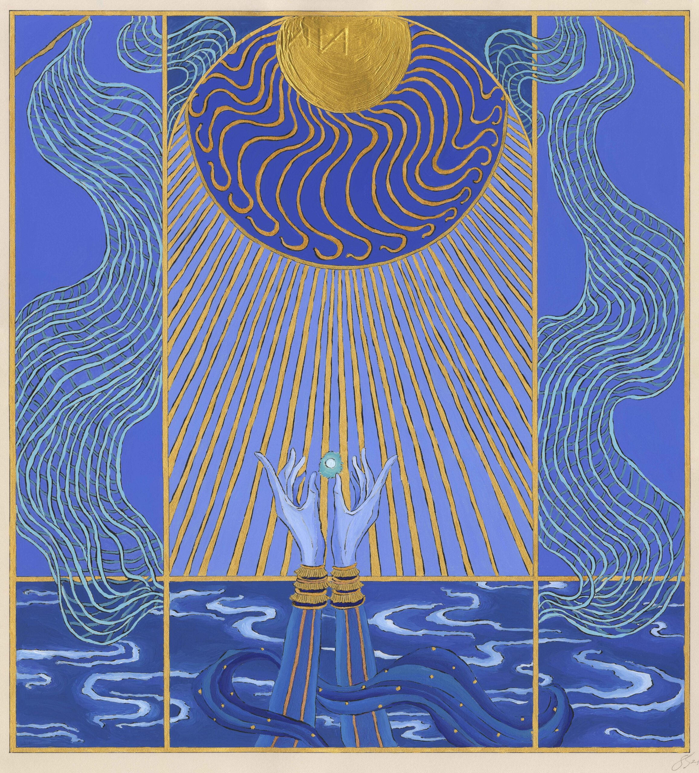 Shakil Solanki. Before they start diving, let us greet the sun, the air and the vast ocean, 2023. Gouache on paper, 44 x 38cm. (Courtesy of Everard Read)
