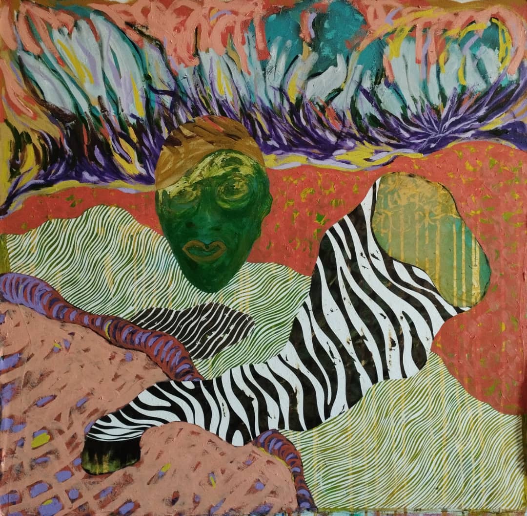 Option Dzikamai Nyahunzvi. Mystical revelation, 2023. Acrylic, oils and paper collage on canvas. 91x88cm (Courtesy of Wunika Mukan Gallery)