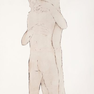 Brett Charles Seiler, Hugging Matthew, 2022, Bitumen and Roof Paint on Canvas, 136,5 x 111,5cm. (Courtesy of Everad Read)
