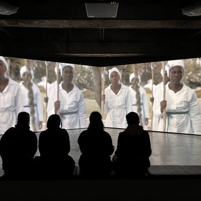 An installation shot of the new media installation Amahubo by Buhlebezwe as a part of A Clearing in The Forest at The Tanks below Tate Modern (Courtesy of FNB Art Joburg)