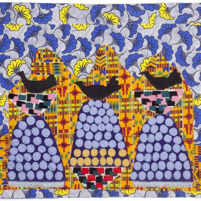 Sizwe Sama. Tranquility, 2022. Wax fabric, shweshwe, cotton, linen, corduroy, tassels. 110 x 189 cm. (Courtesy of Guns & Rain)