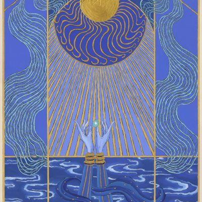 Shakil Solanki. Before they start diving, let us greet the sun, the air and the vast ocean, 2023. Gouache on paper, 44 x 38cm. (Courtesy of Everard Read)